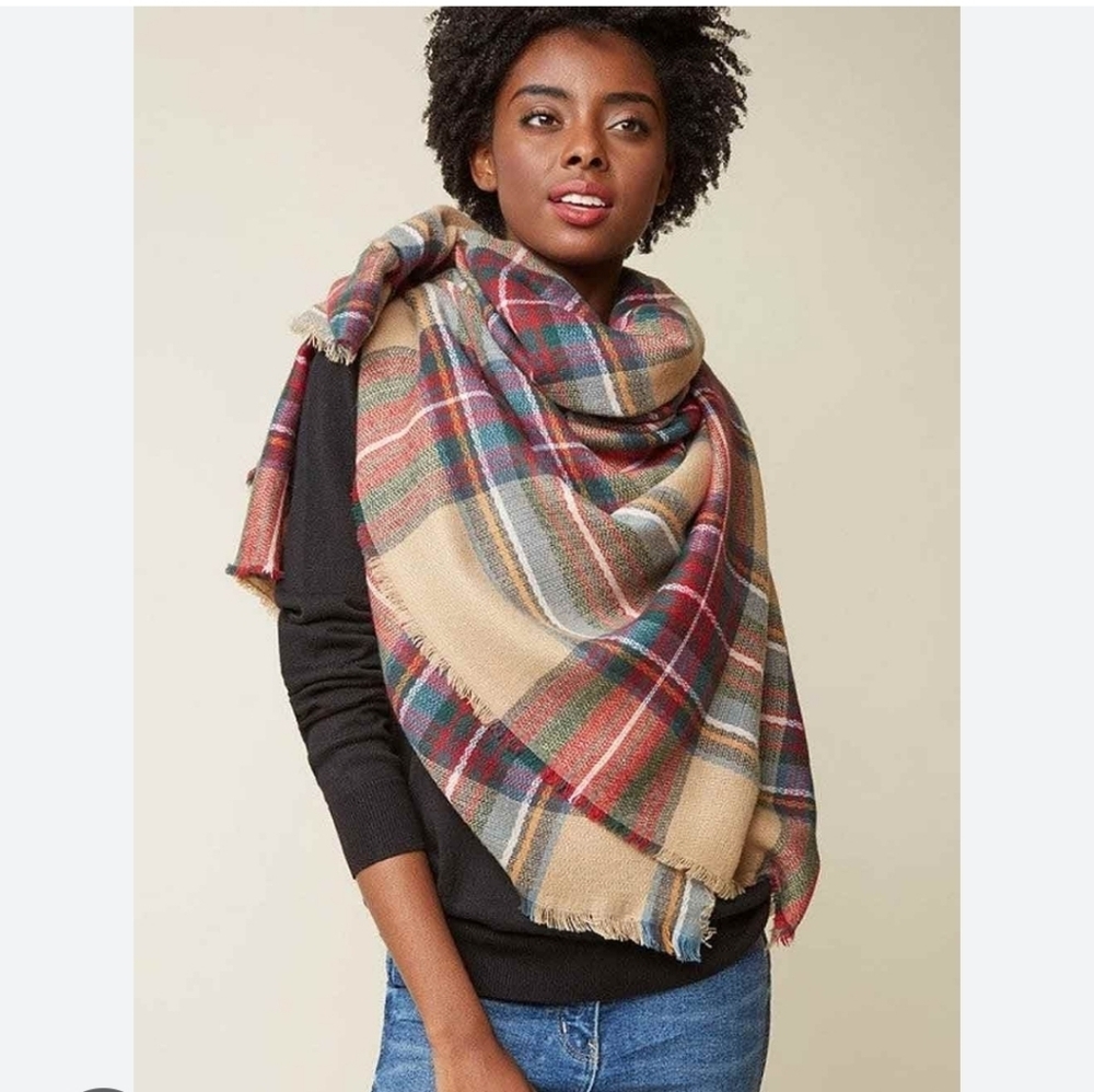 NWOT LOOK Plaid Oversized Round Blanket Scarf - Picture 7 of 7